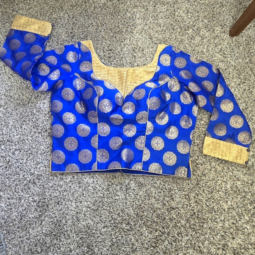 Ready To Wear Royal Blue Dupion Silk Readymade Saree Blouse with Long Sleeves - Picture 3 of 7